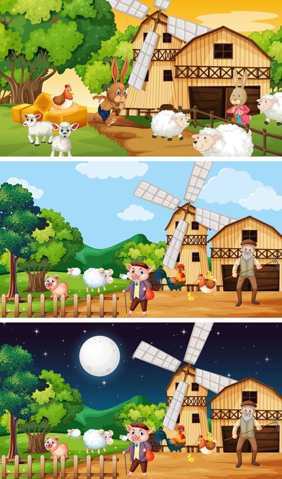 Different farm scenes with old farmer and animal cartoon character vector