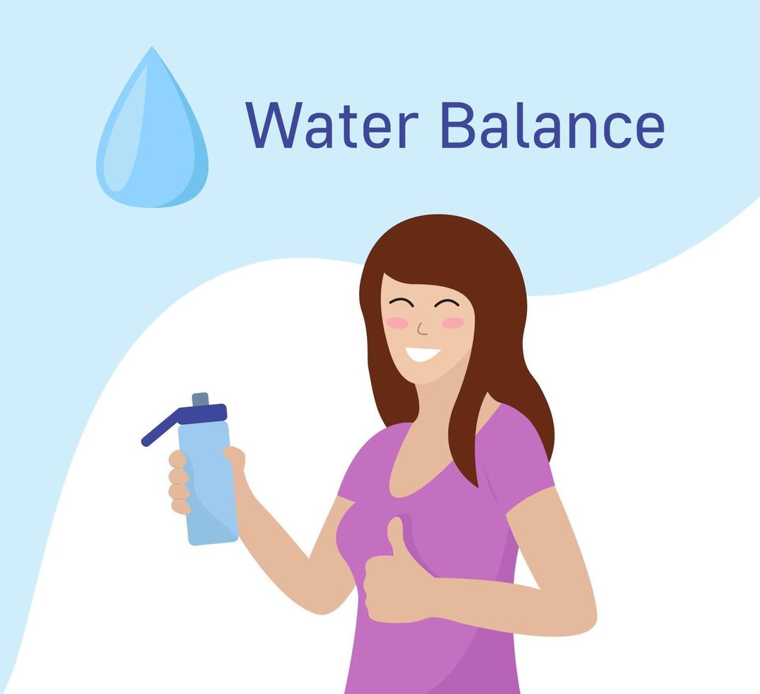 Water balance. Woman holding bottle and showing like hand. Drinking water for health. Vector concept flat illustration