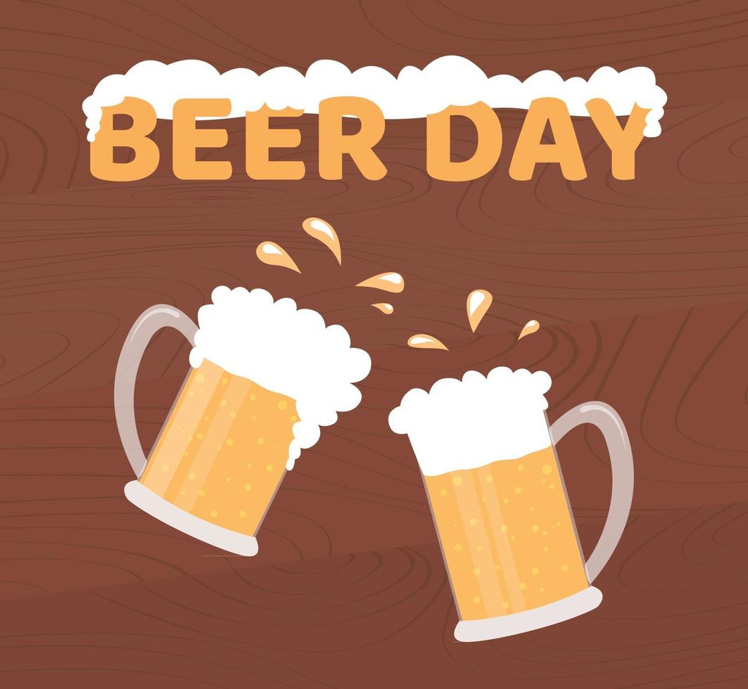 Beer day. Holiday vector poster. Two beer mugs on wooden background