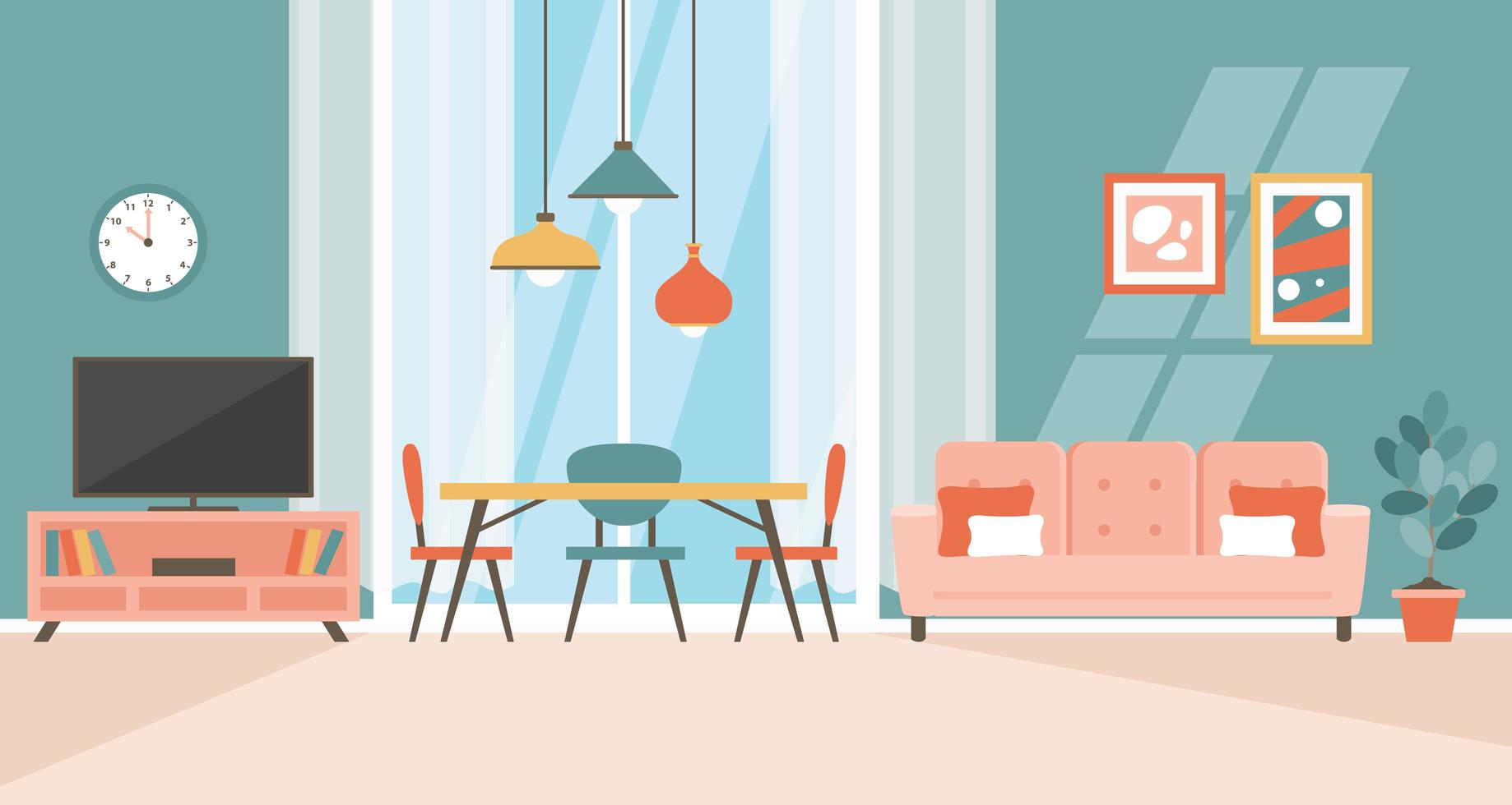 concepto de diseño de interiores con muebles planos. vector