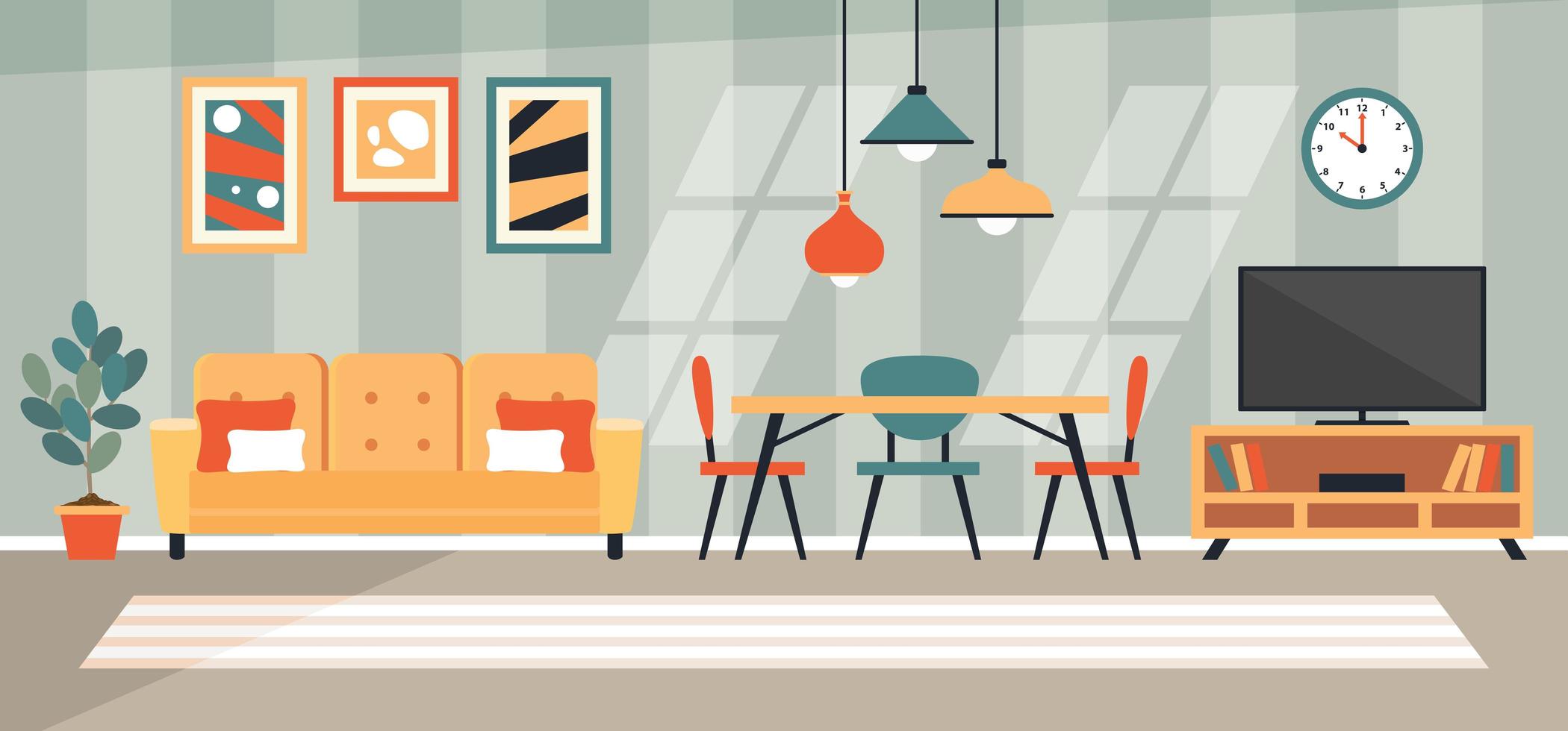 concepto de diseño de interiores con muebles planos. vector