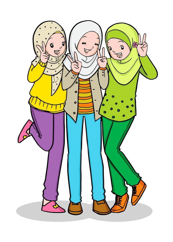 Three young muslim girl. Vector Illustration