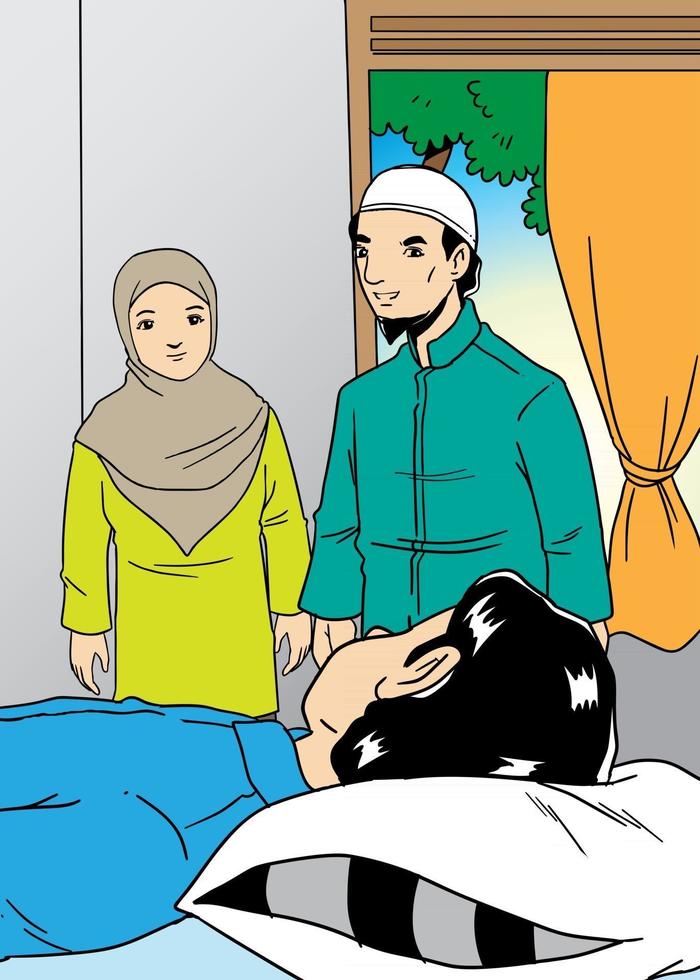 familia musulmana visita al pariente enfermo vector