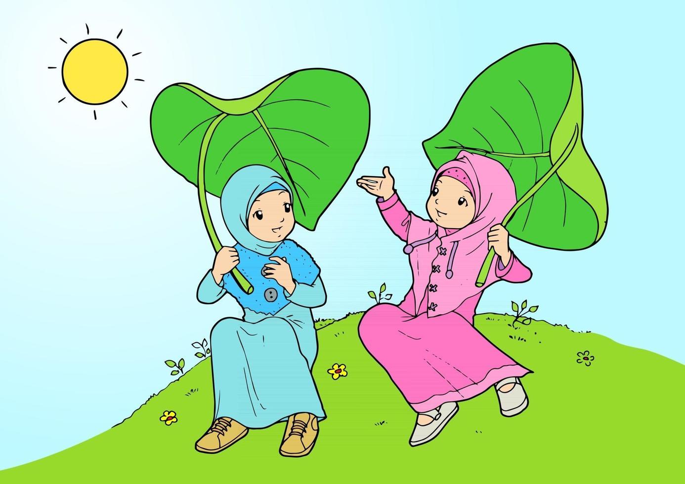 Twin girls playing with big leaves vector