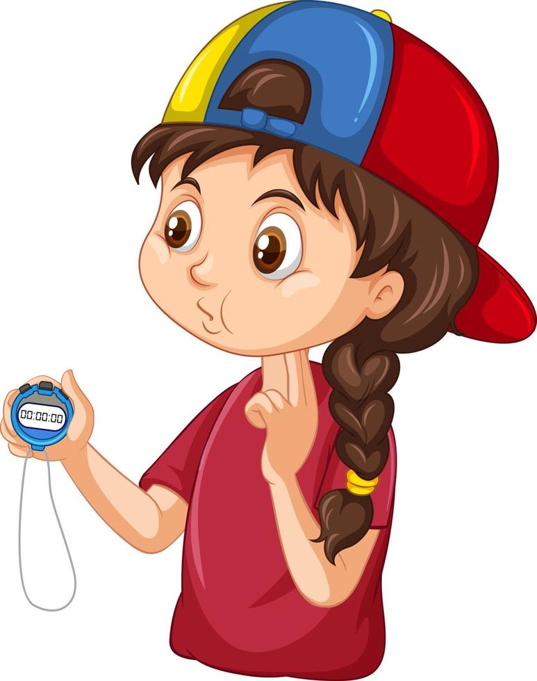 Sport coach girl holding a timer cartoon character vector