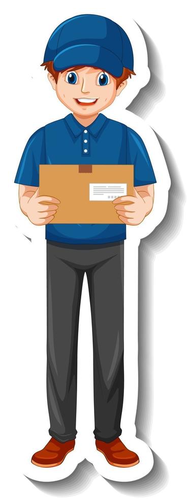 A sticker template with courier man in uniform holding boxes vector