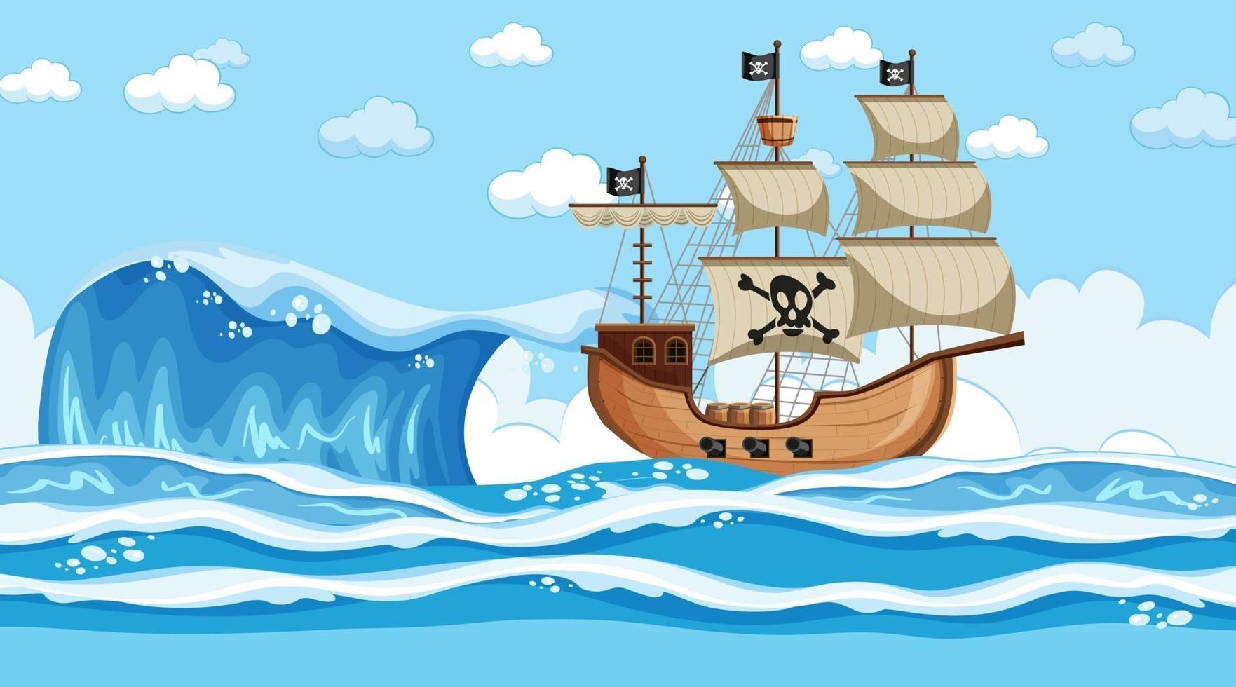 Ocean scene at day time with Pirate ship in cartoon style vector