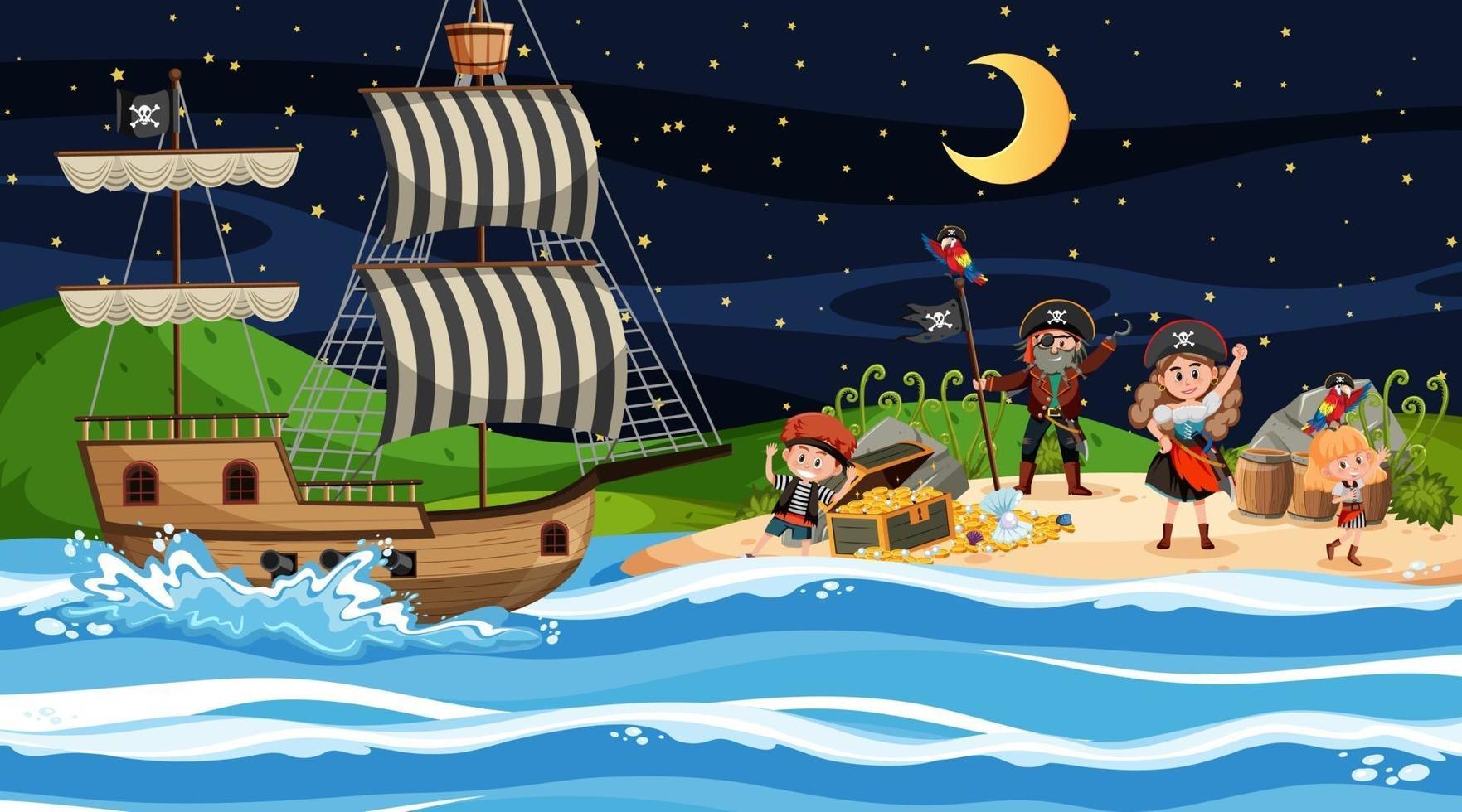 escena de la isla del tesoro en la noche con niños piratas vector