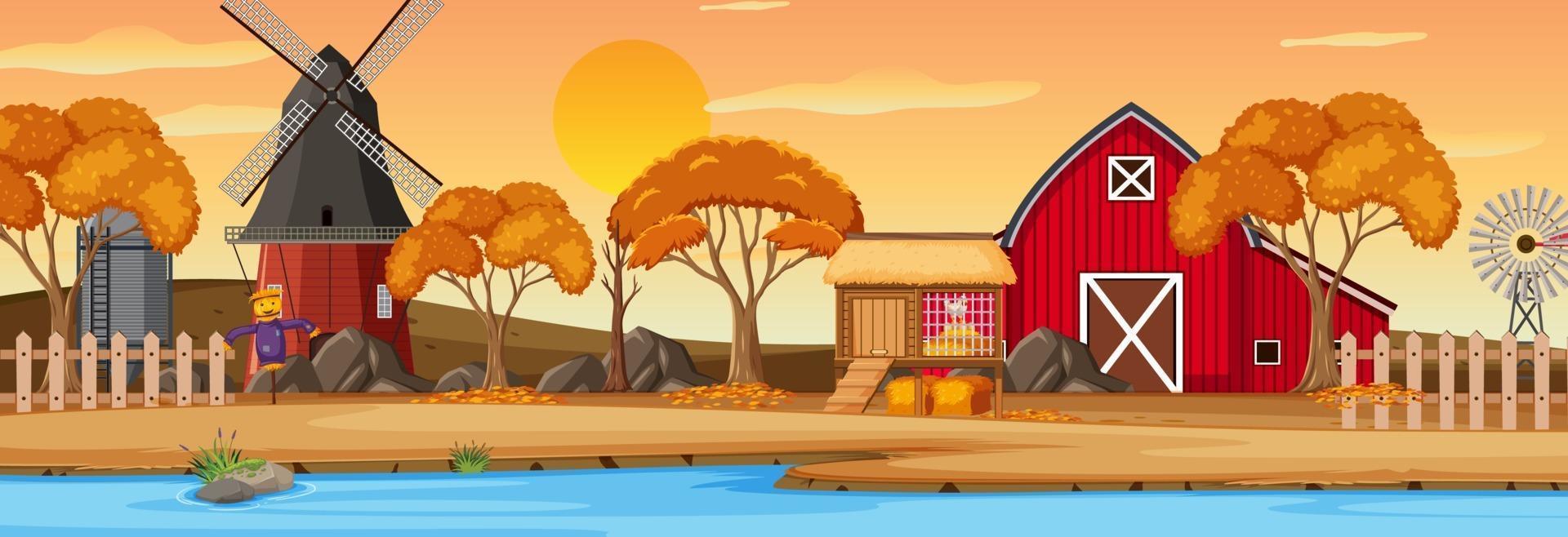 Farm horizontal landscape at sunset time scene vector