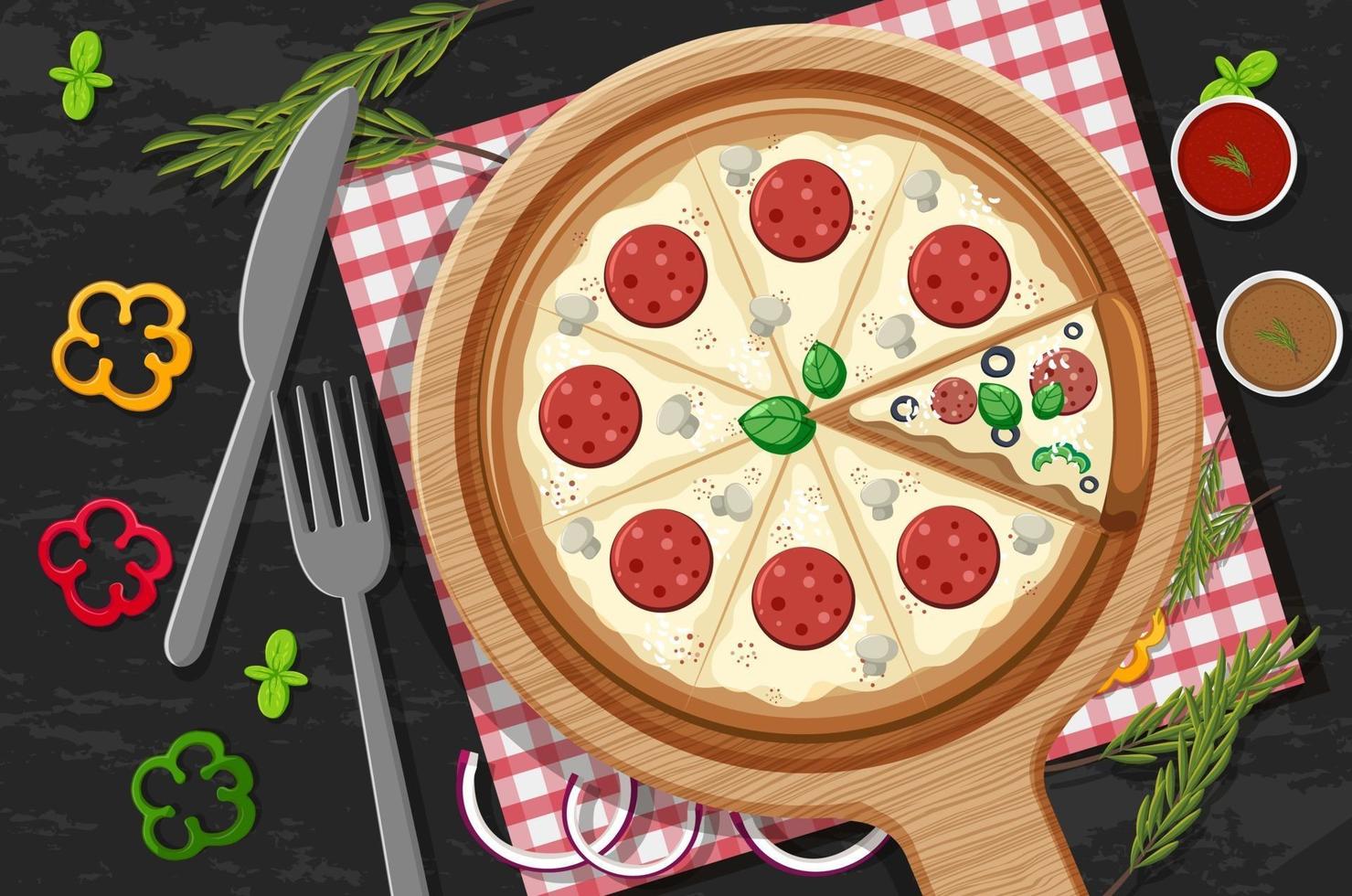 Top view of a whole pizza with pepperoni topping on the table background vector