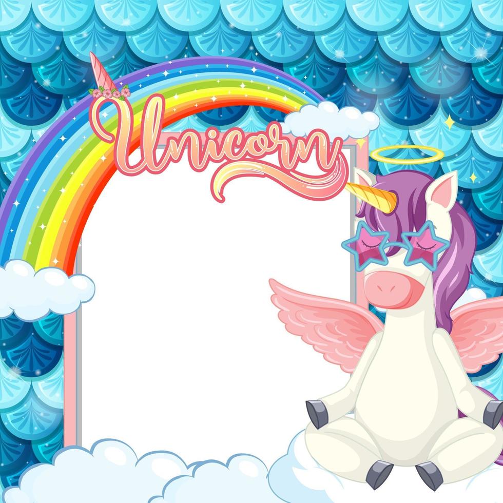 Empty banner with cute pegasus cartoon character on pastel mermaid scales vector