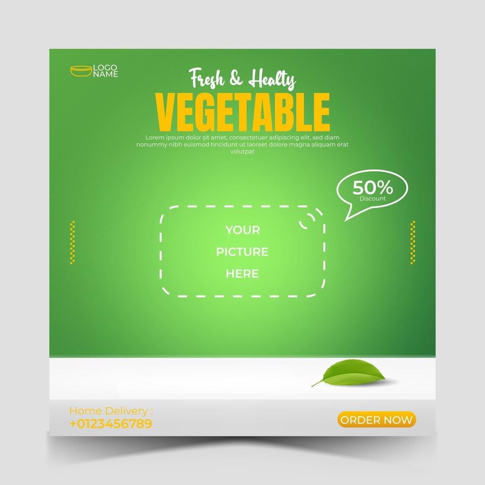 Plantilla de anuncios de banner de publicación de redes sociales de alimentos saludables vegetales. Vector de ilustración 3d.