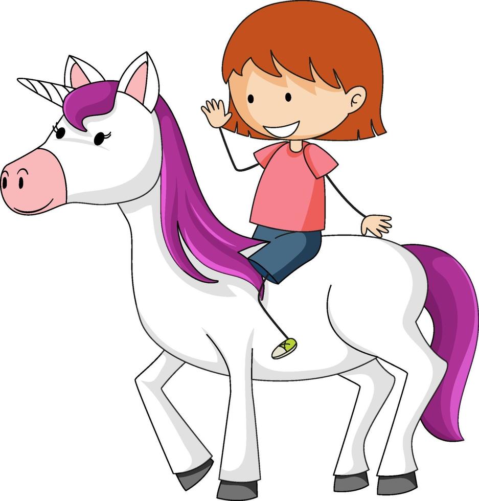 Niña montando lindo unicornio sobre fondo blanco. vector