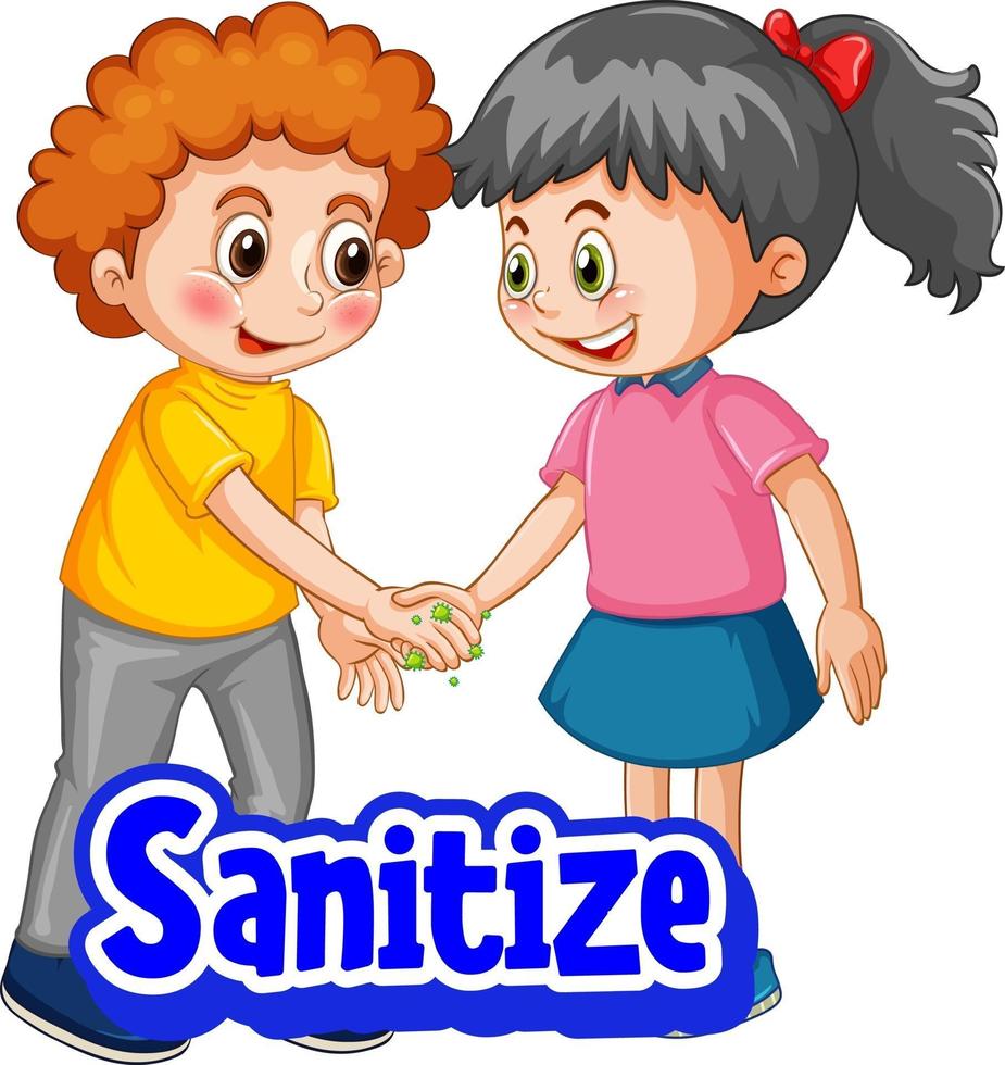 Two kids cartoon character do not keep social distance with Sanitize font isolated on white background vector