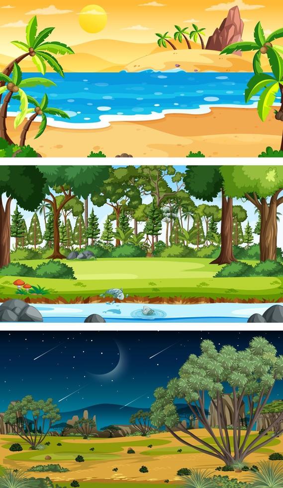 Tres escenas horizontales de bosque diferentes. vector