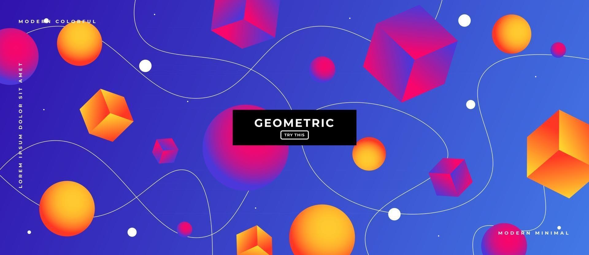 Geometric Cube and Sphere Shapes in Blue Gradient Background. vector