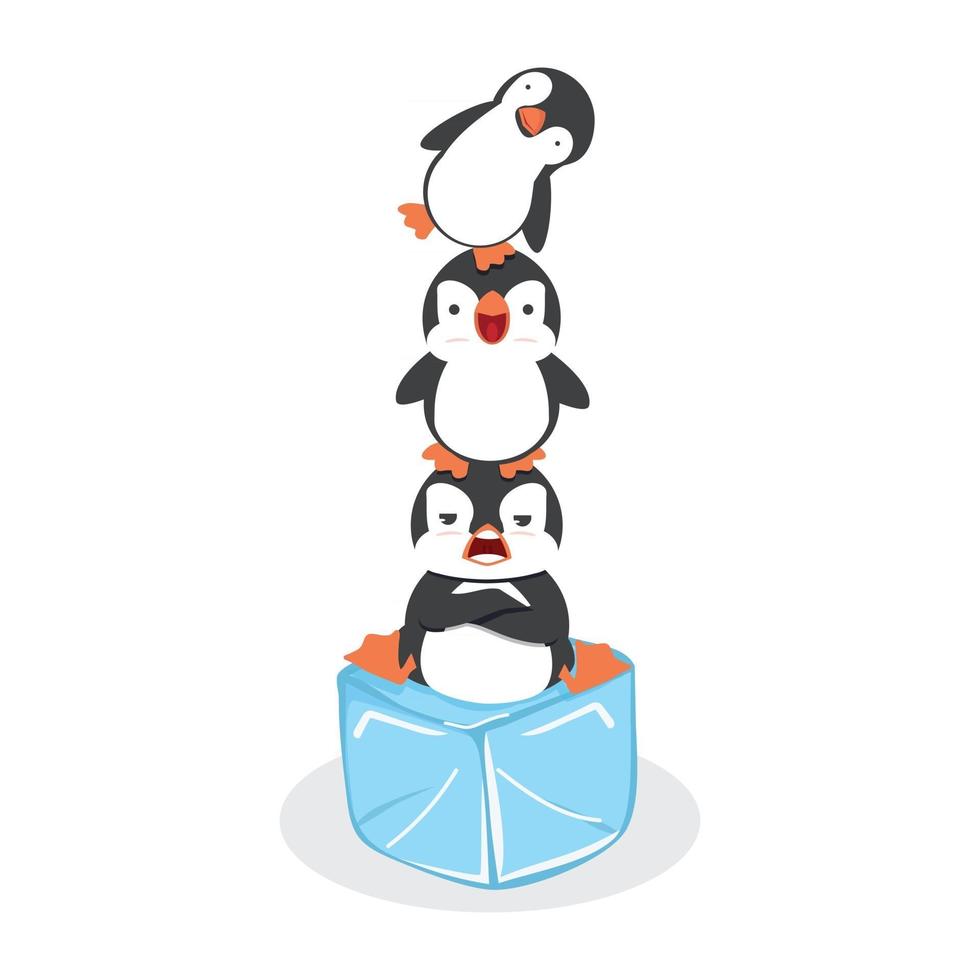 Stacked penguins happy on ice cube vector