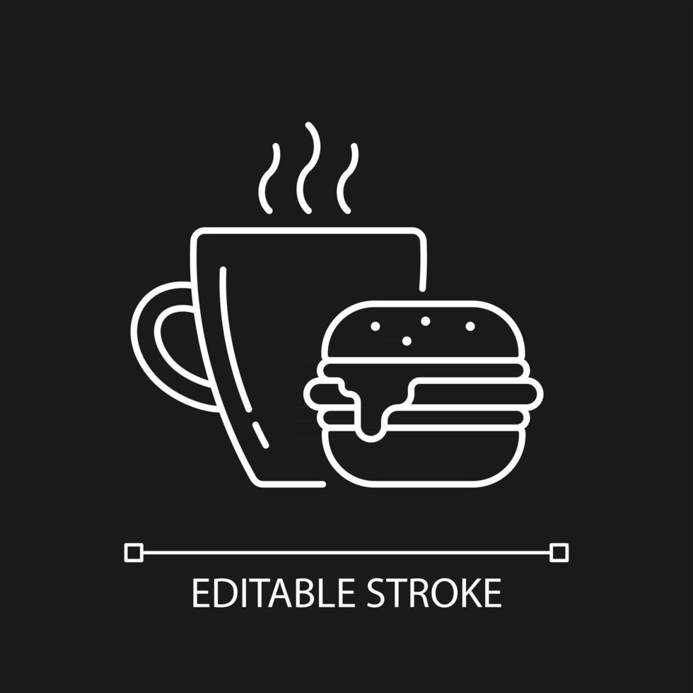 Lunch white linear icon for dark theme. Burger and drink in cup. Coffee with sandwich for dinner. Thin line customizable illustration. Isolated vector contour symbol for night mode. Editable stroke