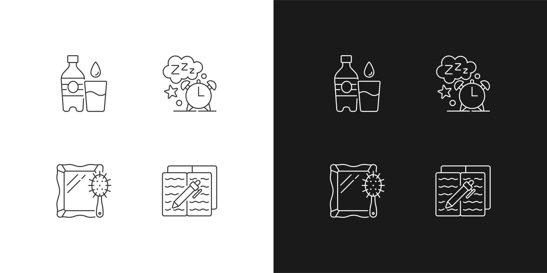 Daily schedule and routine linear icons set for dark and light mode. Watter bottle. Sleep time. Alarm clock. Customizable thin line symbols. Isolated vector outline illustrations. Editable stroke