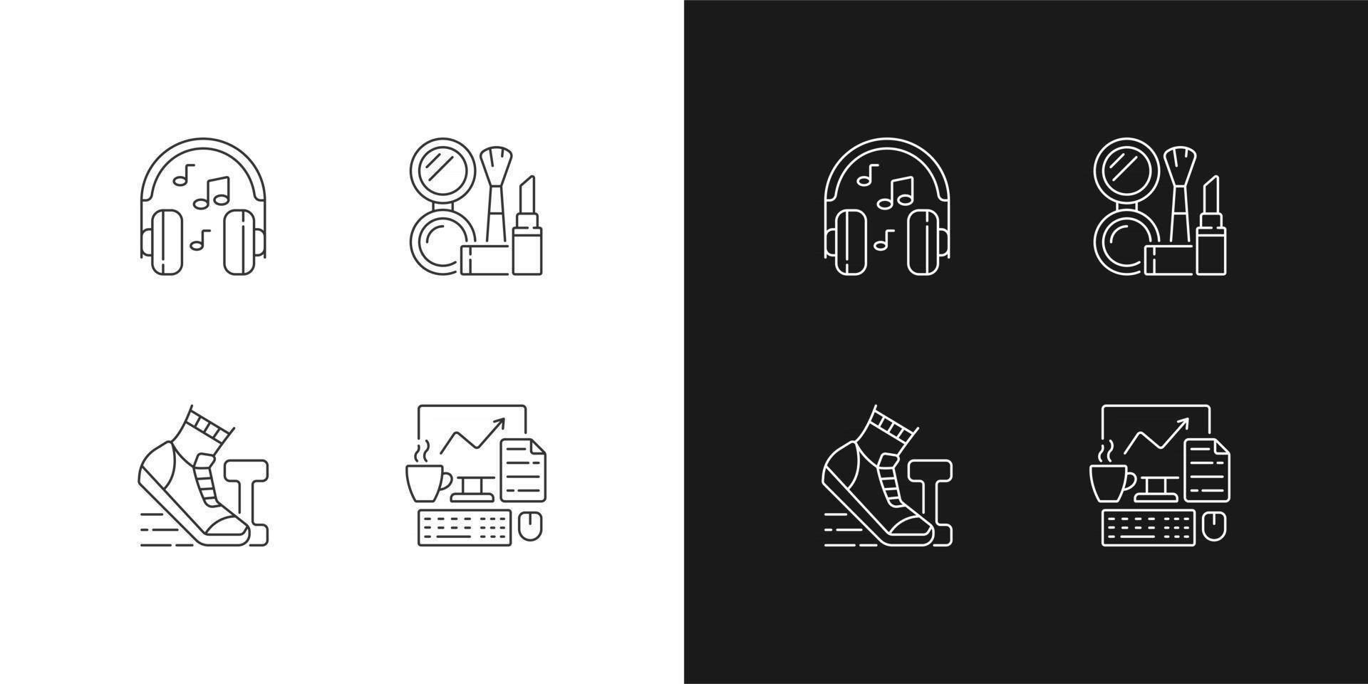 Everyday office worker routine linear icons set for dark and light mode. Listening music in headphones. Customizable thin line symbols. Isolated vector outline illustrations. Editable stroke