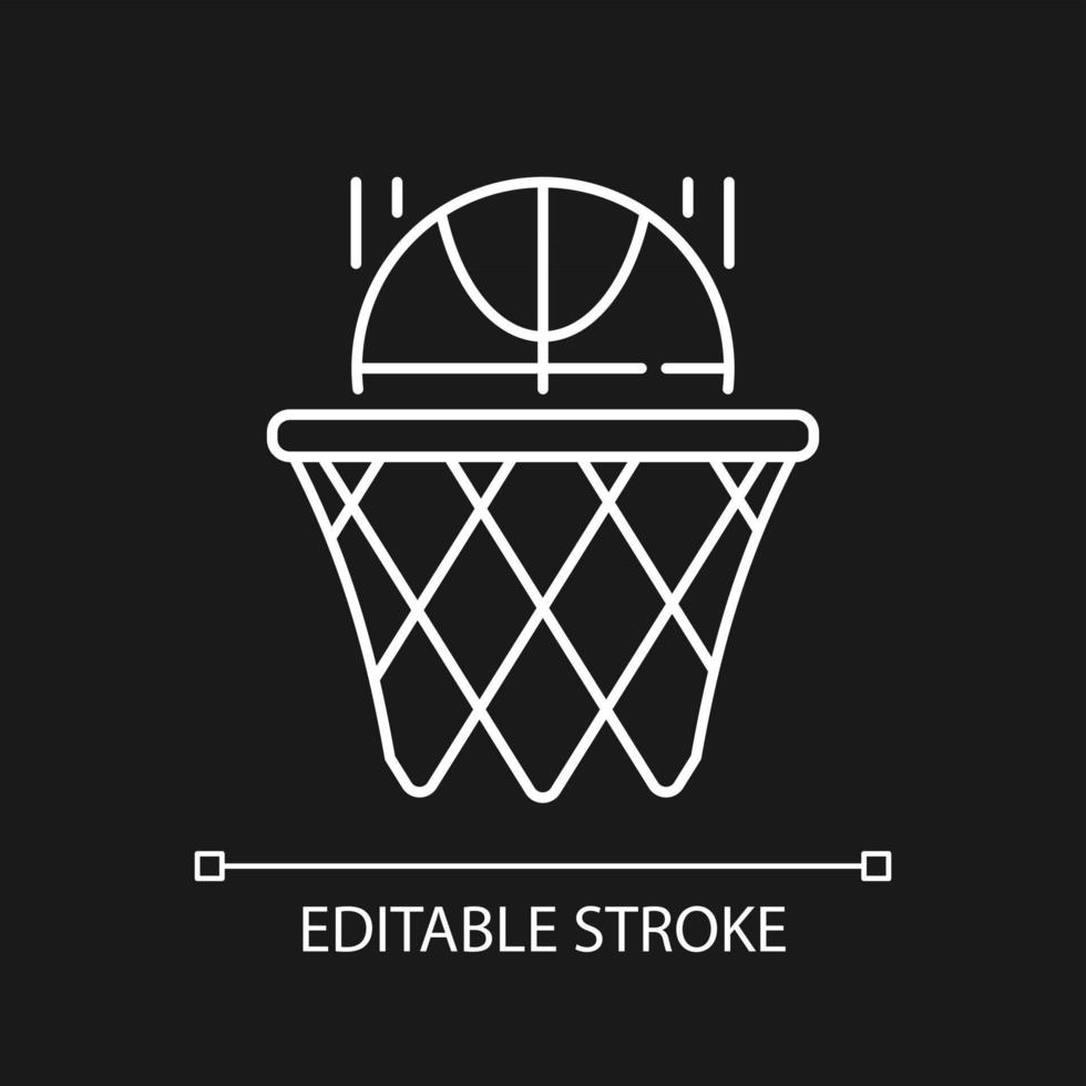 Basketball white linear icon for dark theme. Team sport for exercise. Score goal with ball in hoop. Thin line customizable illustration. Isolated vector contour symbol for night mode. Editable stroke