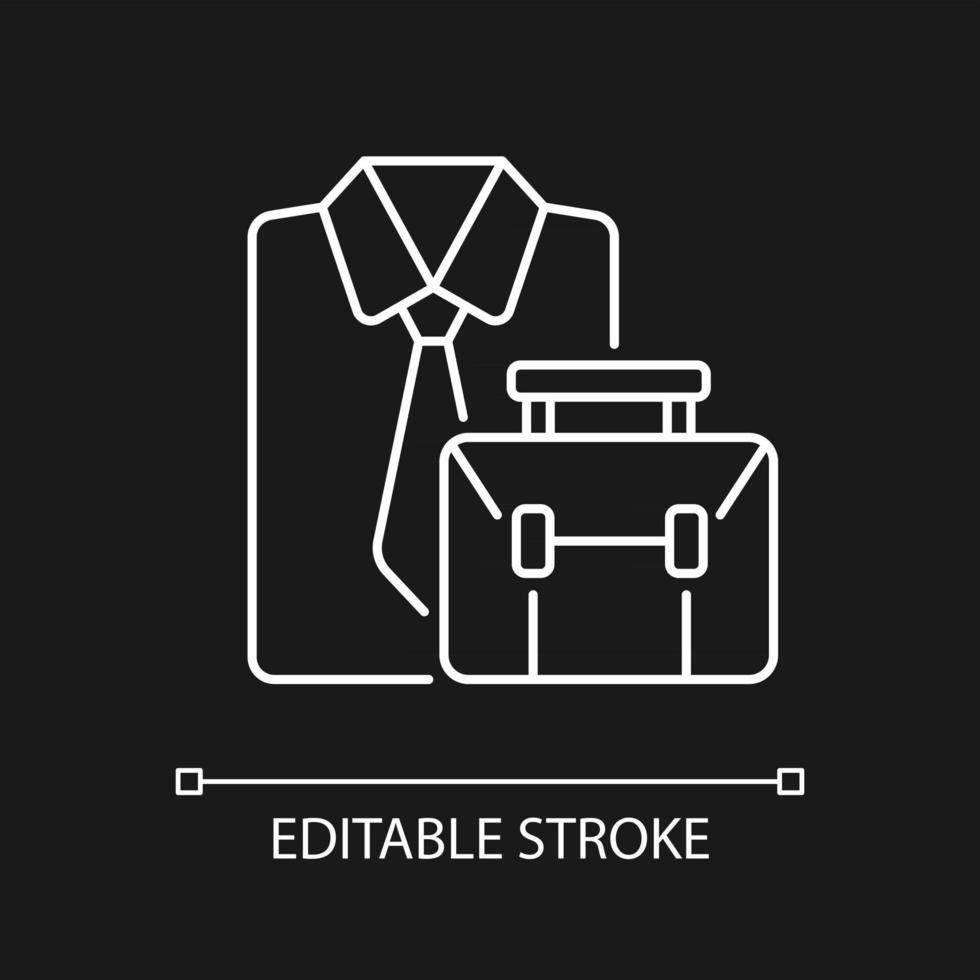 Formal clothing and briefcase white linear icon for dark theme. Professional worker outfit and bag. Thin line customizable illustration. Isolated vector contour symbol for night mode. Editable stroke