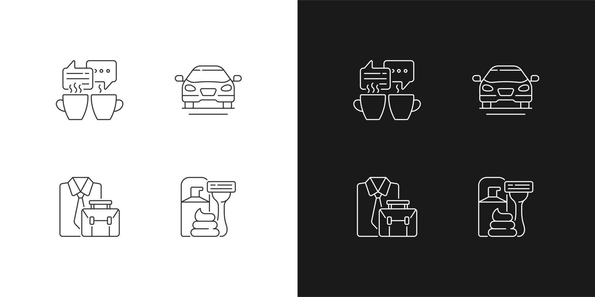 iconos lineales de actividades diarias establecidos para el modo oscuro y claro. reunirse tomando un café con amigos. coche sedán. símbolos de línea fina personalizables. ilustraciones de contorno de vector aislado. trazo editable