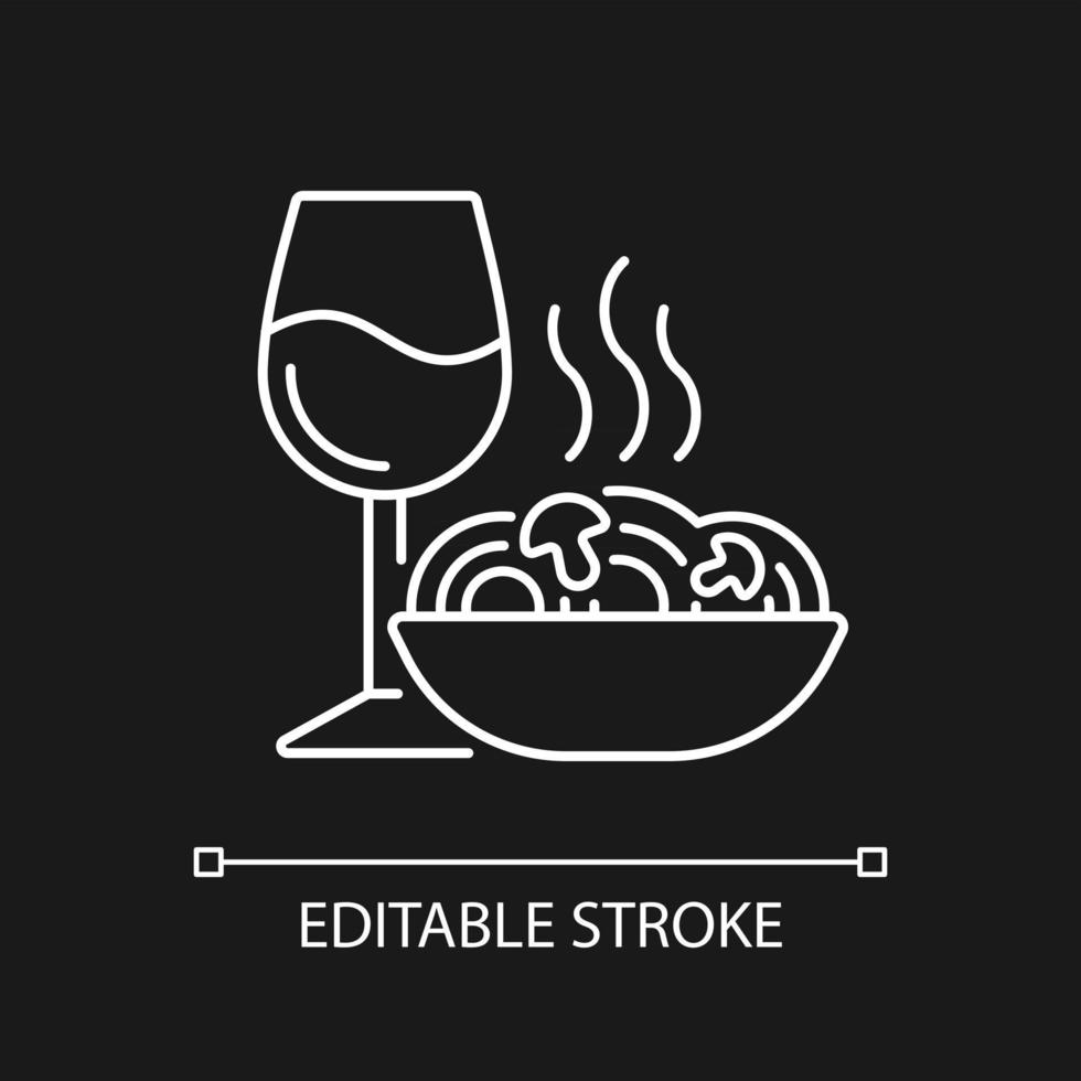 Dinner white linear icon for dark theme. Spaghetti and wine glass. Romantic meal. Restaurant order. Thin line customizable illustration. Isolated vector contour symbol for night mode. Editable stroke