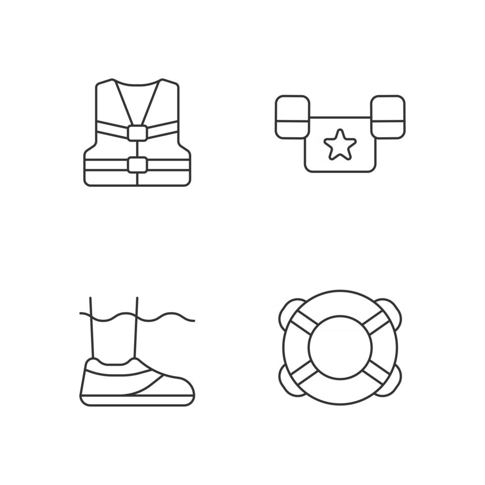 Pool equipment linear icons set. Life jacket. Puddle jumper. Water shoes. Ring buoy. Flotation device. Customizable thin line contour symbols. Isolated vector outline illustrations. Editable stroke