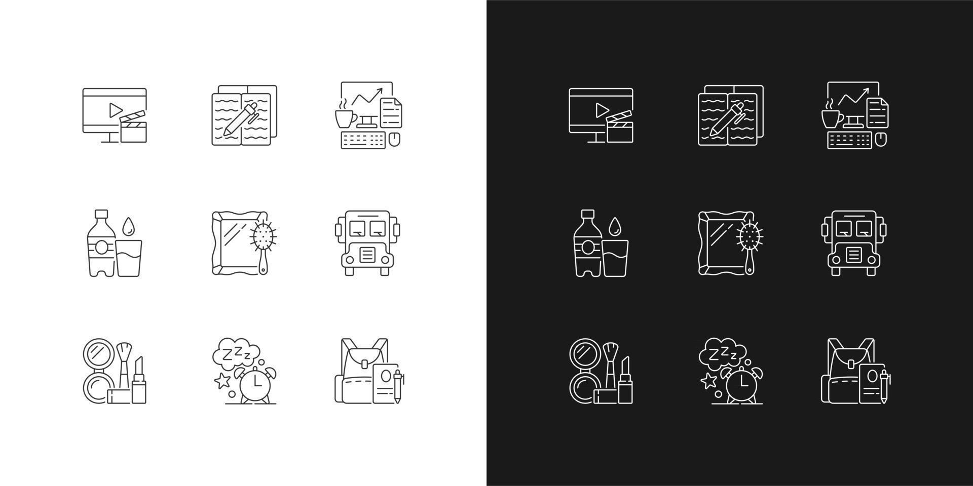 Everyday activities linear icons set for dark and light mode. Watching TV for entertainment at home. Customizable thin line symbols. Isolated vector outline illustrations. Editable stroke