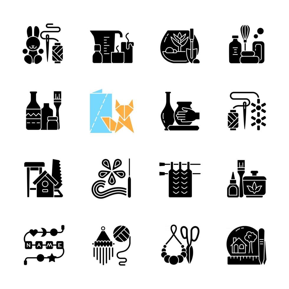 Trending hobbies black glyph icons set on white space. Home business. Boho style. Craft activity. Creative reuse. Handcrafted pieces. Home decor. Silhouette symbols. Vector isolated illustration