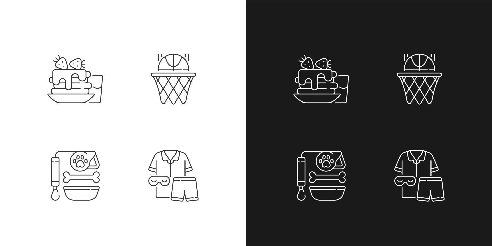 iconos lineales de rutina diaria de los estudiantes establecidos para el modo oscuro y claro. panqueques de desayuno. club de baloncesto. símbolos de línea fina personalizables. ilustraciones de contorno de vector aislado. trazo editable