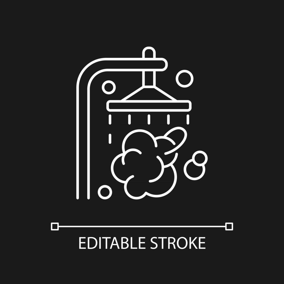 Shower white linear icon for dark theme. Shower faucet with running water. Daily everyday routine. Thin line customizable illustration. Isolated vector contour symbol for night mode. Editable stroke