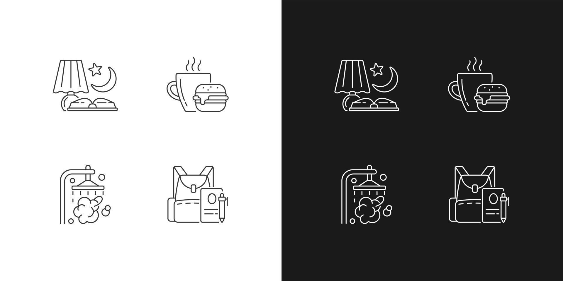 Everyday schedule and routine linear icons set for dark and light mode. Evening reading. Lunch meal. Customizable thin line symbols. Isolated vector outline illustrations. Editable stroke