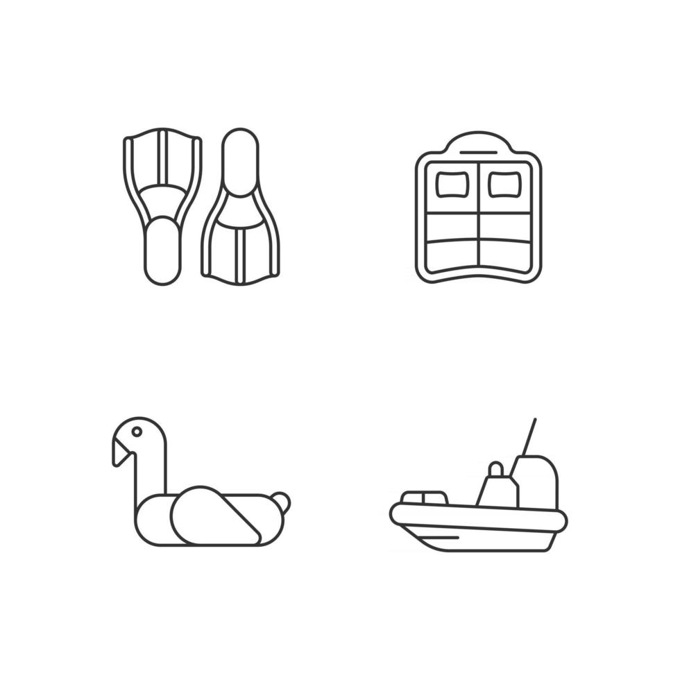 Summer vacations linear icons set. Swimfins. Double pool float. Children swim ring. Rescue boat. Customizable thin line contour symbols. Isolated vector outline illustrations. Editable stroke