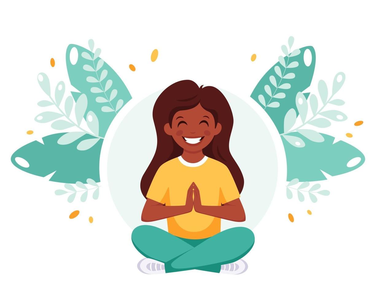 Indian girl meditating in lotus pose. Gymnastic, meditation for children. vector