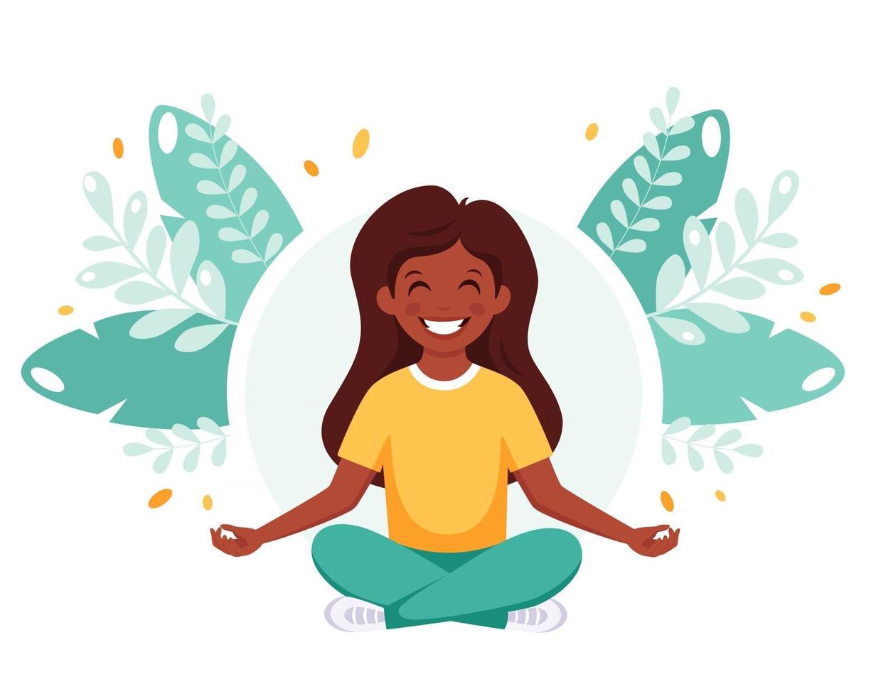 Indian girl meditating in lotus pose. Gymnastic, meditation for children. vector