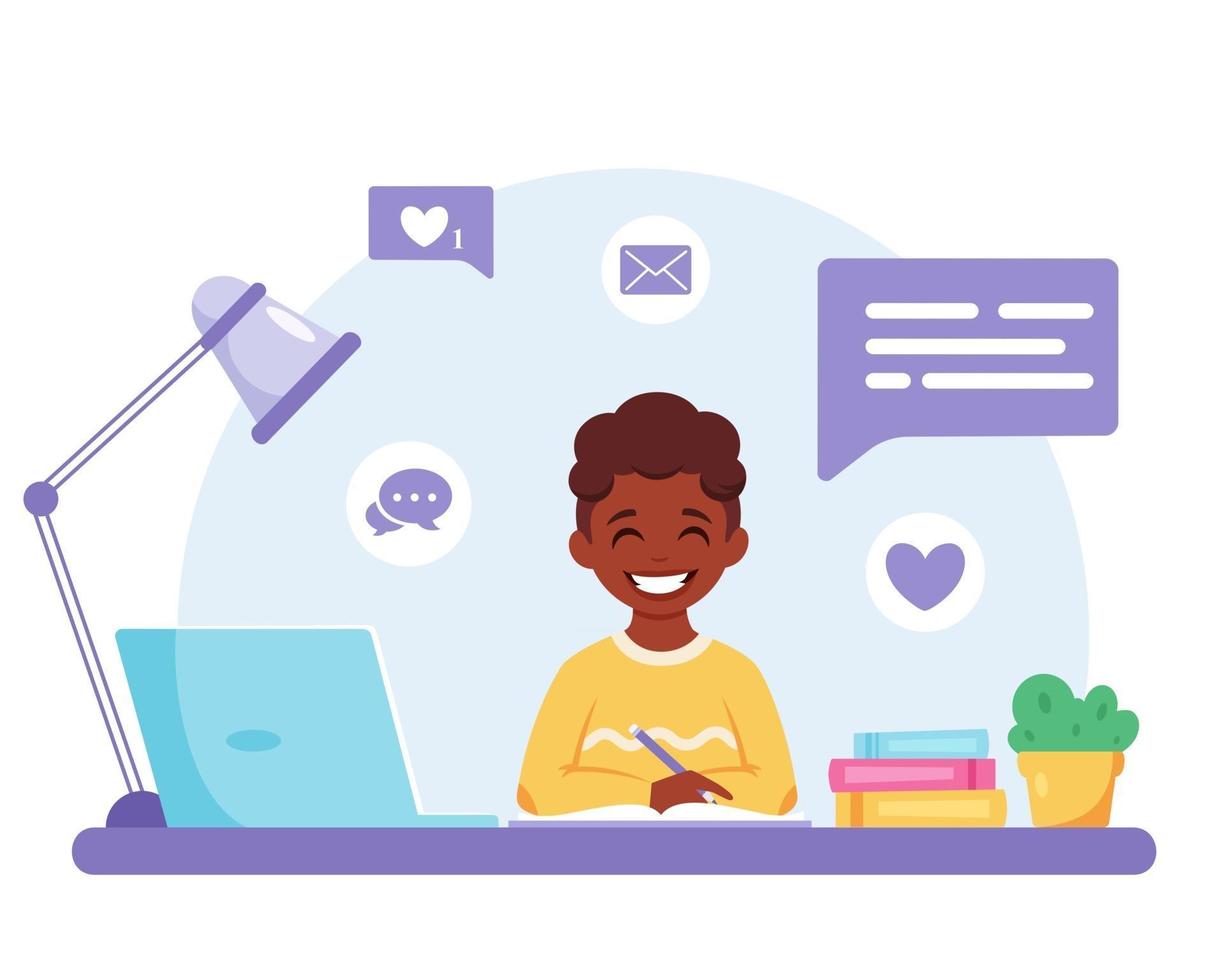 African american boy studying with computer. Online learning, back to school concept vector