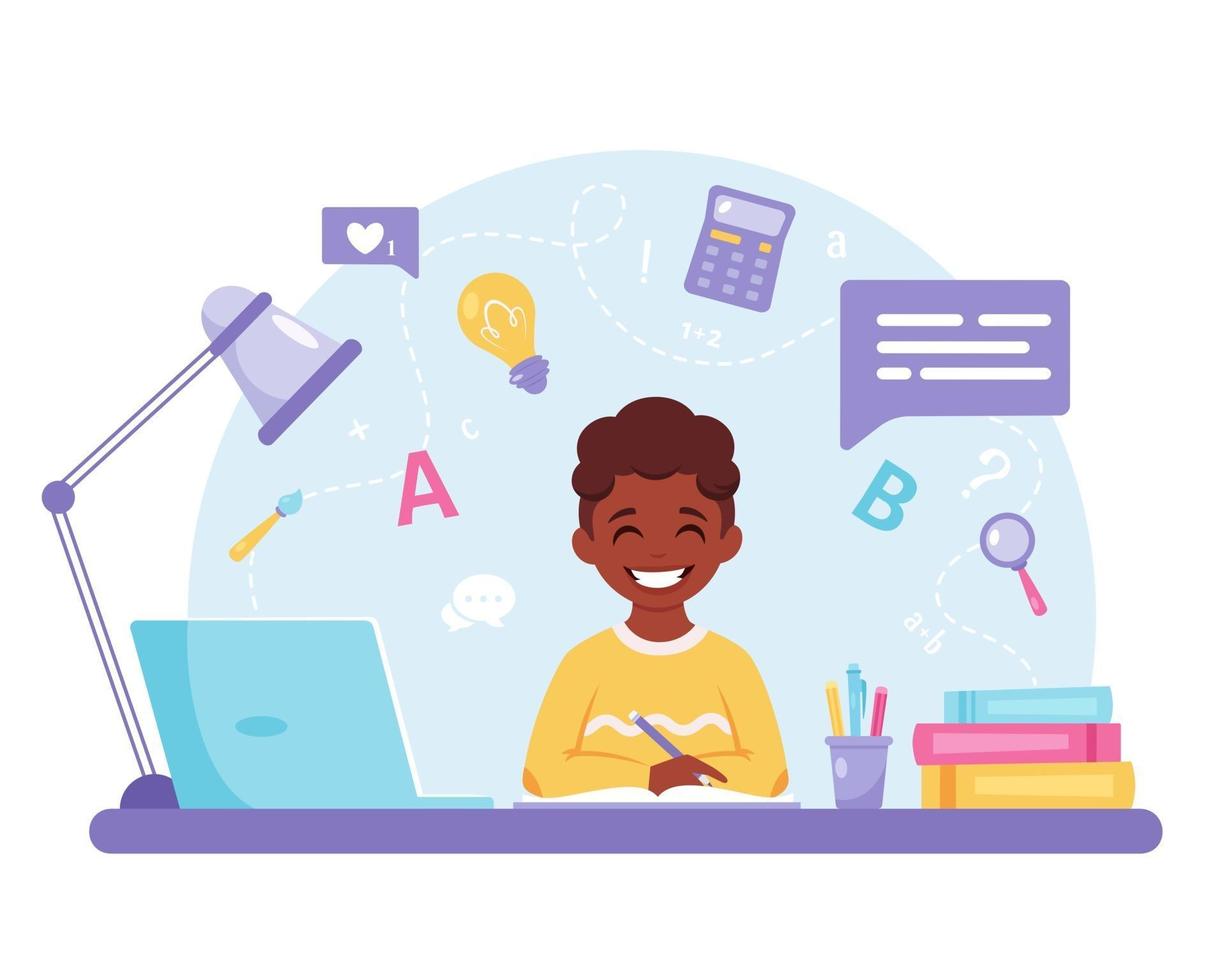 African american boy studying with computer. Online learning, back to school concept. vector