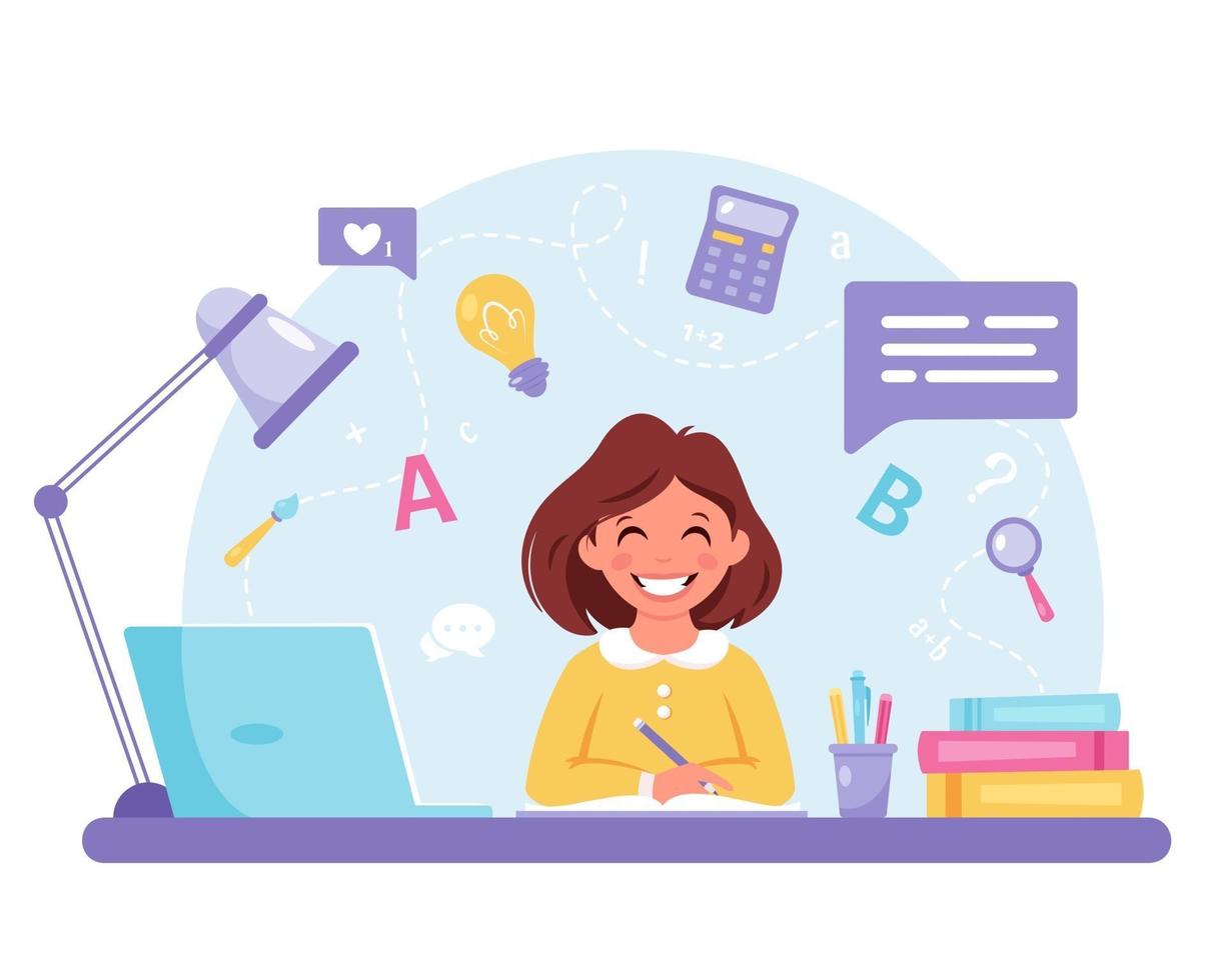 Girl studying with computer. Online learning, back to school concept. vector