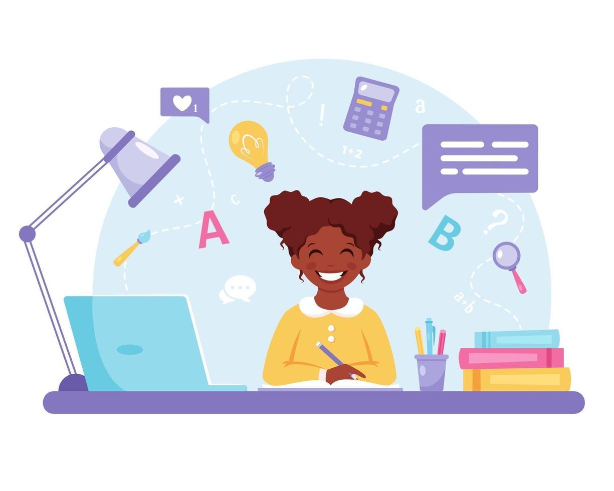 African american girl studying with computer. Online learning, back to school concept. vector