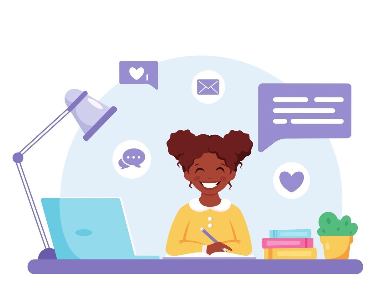 African american girl studying with computer. Online learning, back to school concept. vector