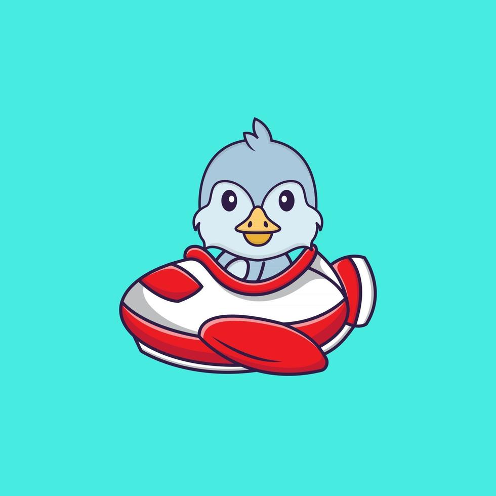 Cute bird flying on a plane. Animal cartoon concept isolated. Can used for t-shirt, greeting card, invitation card or mascot. Flat Cartoon Style vector