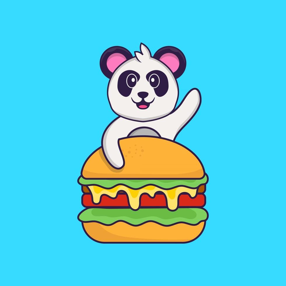 Cute Panda eating burger. Animal cartoon concept isolated. Can used for t-shirt, greeting card, invitation card or mascot. Flat Cartoon Style vector