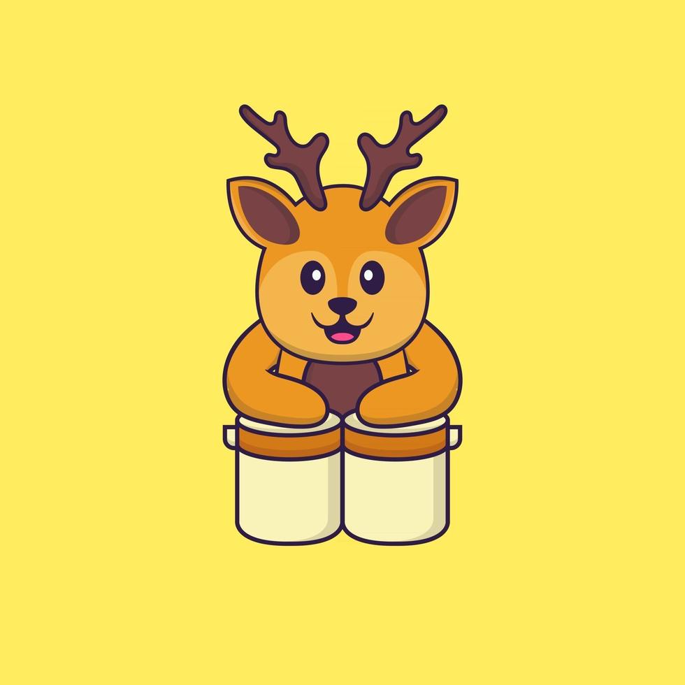 Cute deer is playing drums. Animal cartoon concept isolated. Can used for t-shirt, greeting card, invitation card or mascot. Flat Cartoon Style vector