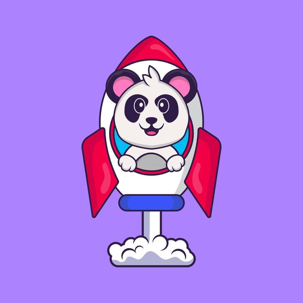 Cute Panda flying on rocket. Animal cartoon concept isolated. Can used for t-shirt, greeting card, invitation card or mascot. Flat Cartoon Style vector