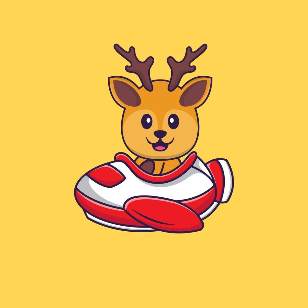 Cute deer flying on a plane. Animal cartoon concept isolated. Can used for t-shirt, greeting card, invitation card or mascot. Flat Cartoon Style vector