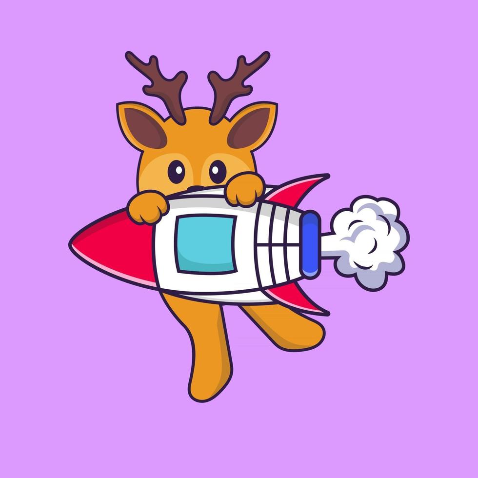 Cute deer flying on rocket. Animal cartoon concept isolated. Can used for t-shirt, greeting card, invitation card or mascot. Flat Cartoon Style vector