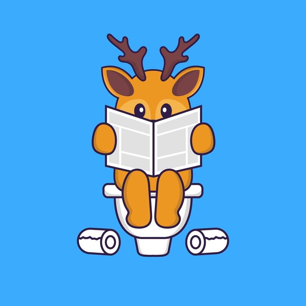 Cute deer Pooping On Toilet and read newspaper. Animal cartoon concept isolated. Can used for t-shirt, greeting card, invitation card or mascot. Flat Cartoon Style vector