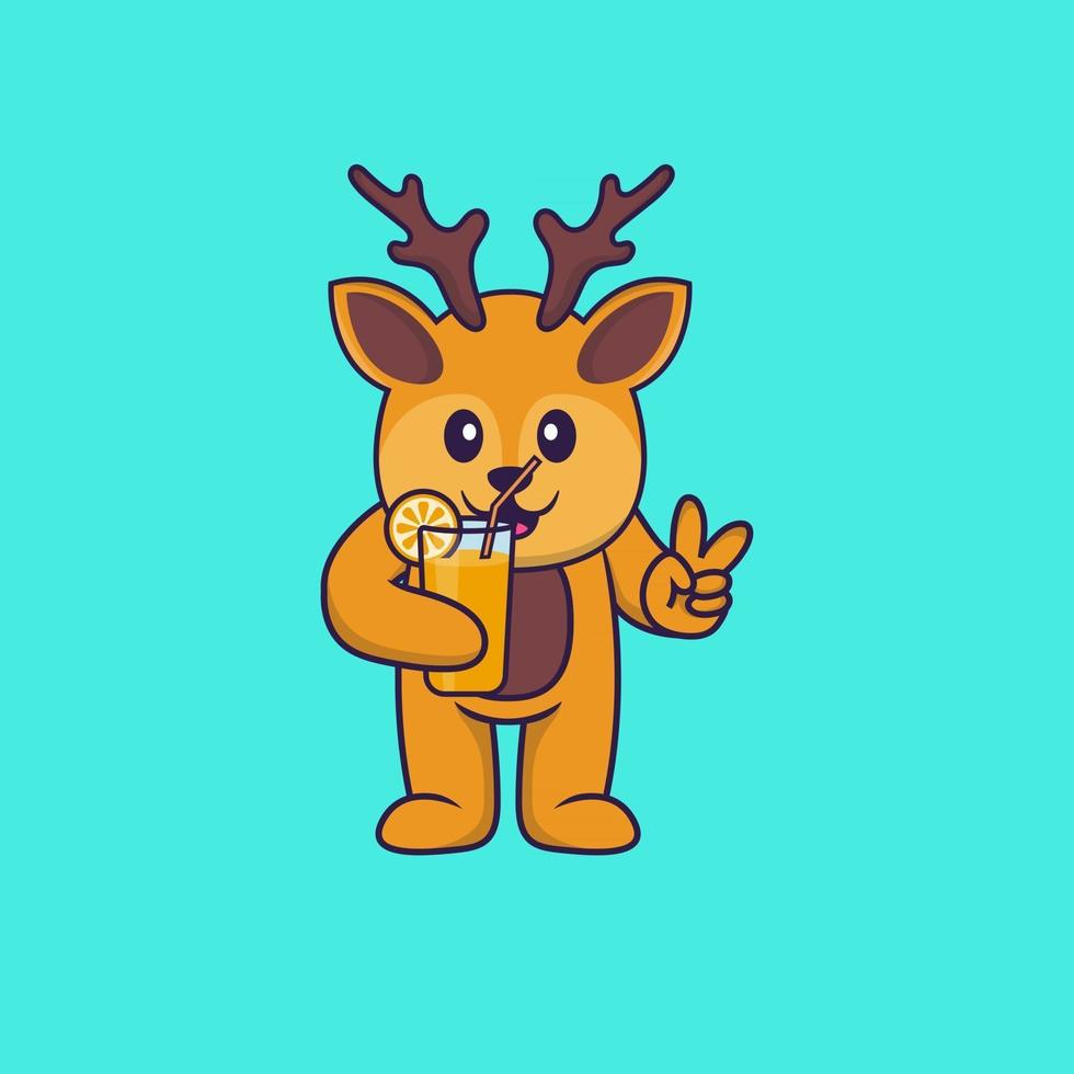 Cute deer holding orange juice in glass. Animal cartoon concept isolated. Can used for t-shirt, greeting card, invitation card or mascot. Flat Cartoon Style vector